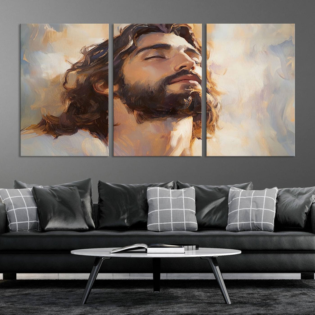 This museum-quality canvas print, titled "Jesus Portrait," features an oil painting style depiction of Jesus Christ with a closed-eyed expression. The high-resolution printing captures every detail beautifully.