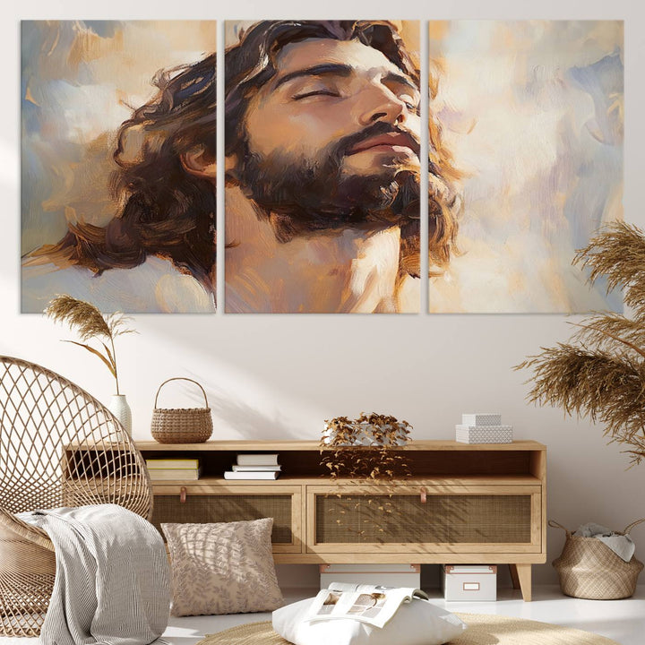 This museum-quality canvas print, titled "Jesus Portrait," features an oil painting style depiction of Jesus Christ with a closed-eyed expression. The high-resolution printing captures every detail beautifully.