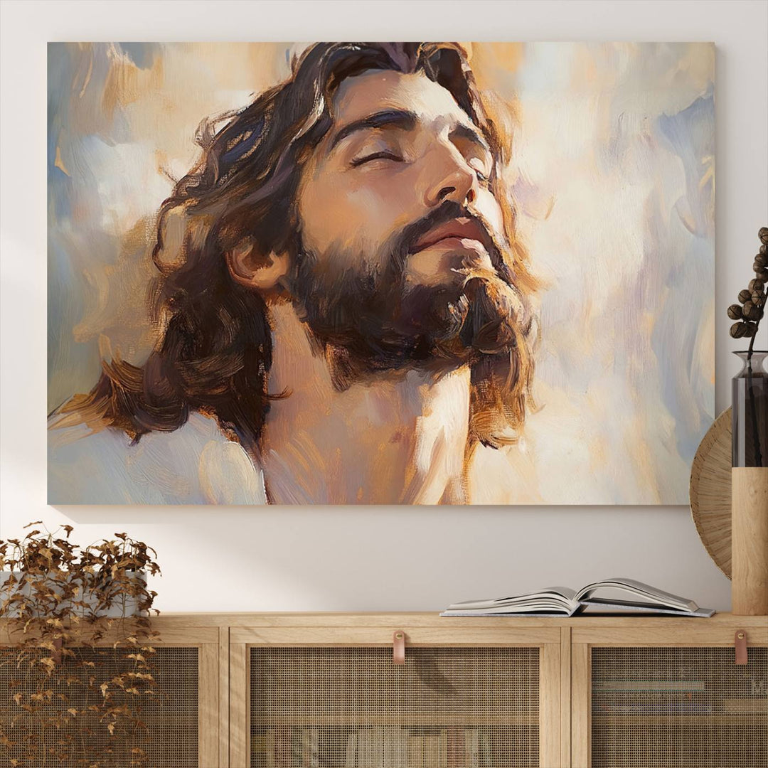 This museum-quality canvas print, titled "Jesus Portrait," features an oil painting style depiction of Jesus Christ with a closed-eyed expression. The high-resolution printing captures every detail beautifully.