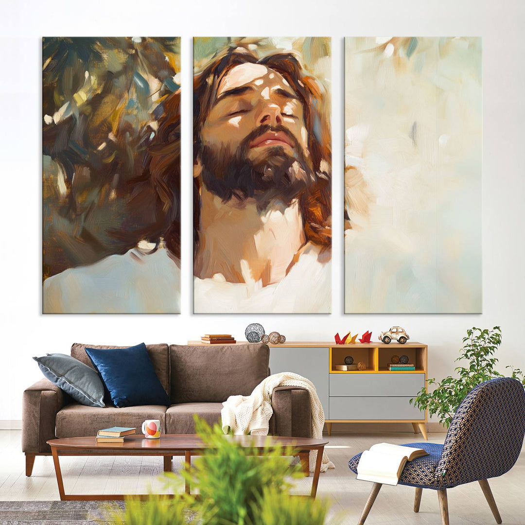 The Jesus Portrait Wall Art Canvas Print features a depiction of Jesus Christ with closed eyes, basking in sunlight. His expression exudes a peaceful, spiritual atmosphere against a blurred background.