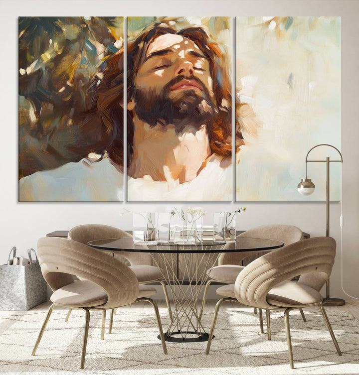 The Jesus Portrait Wall Art Canvas Print features a depiction of Jesus Christ with closed eyes, basking in sunlight. His expression exudes a peaceful, spiritual atmosphere against a blurred background.