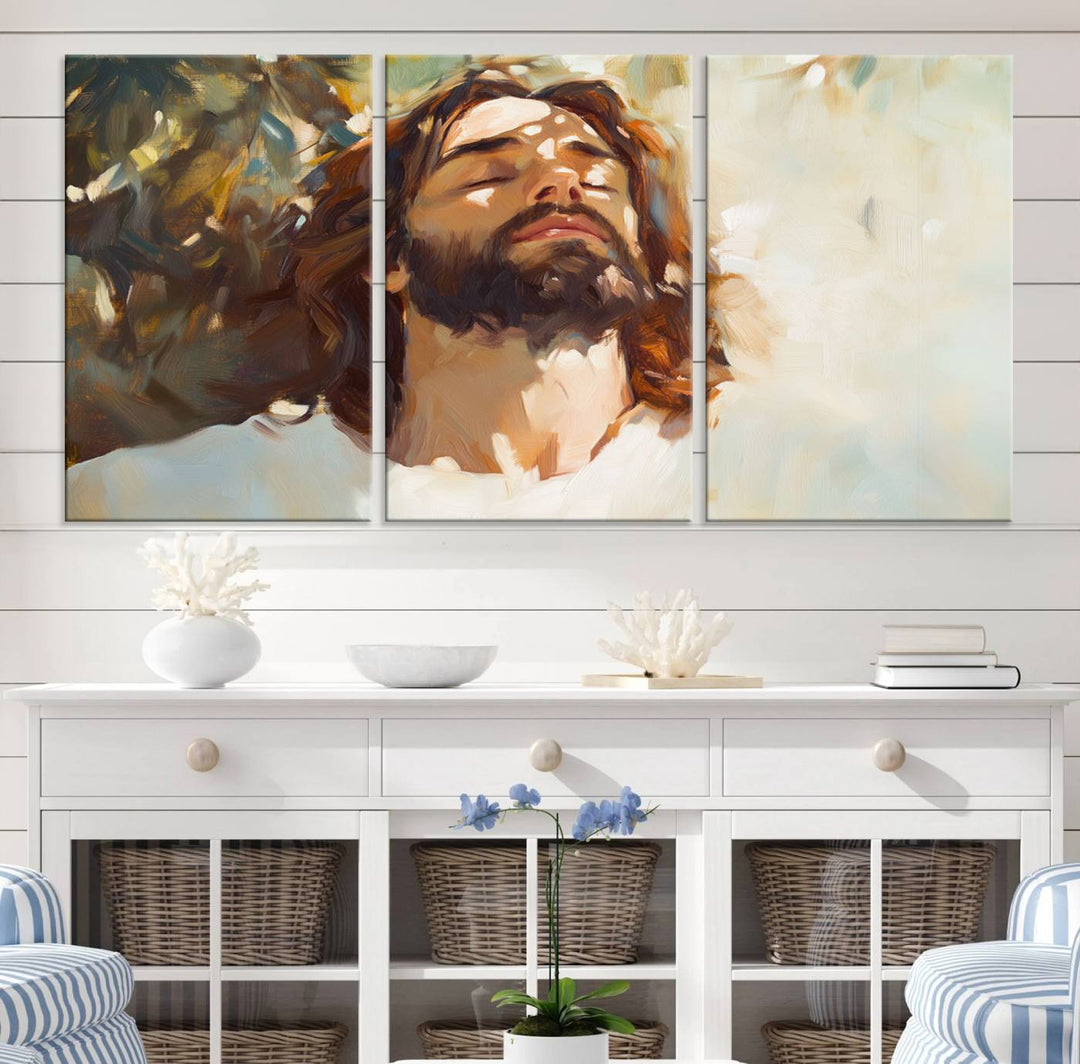 The Jesus Portrait Wall Art Canvas Print features a depiction of Jesus Christ with closed eyes, basking in sunlight. His expression exudes a peaceful, spiritual atmosphere against a blurred background.