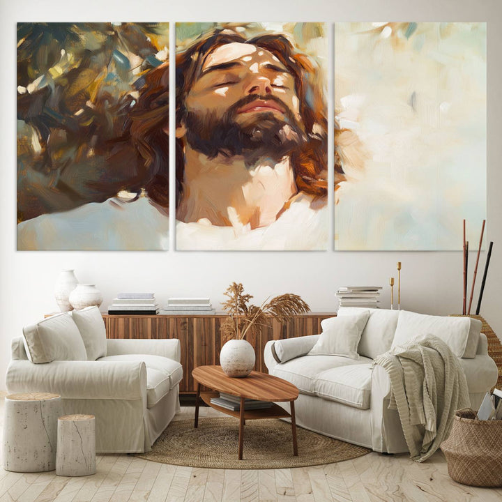 The Jesus Portrait Wall Art Canvas Print features a depiction of Jesus Christ with closed eyes, basking in sunlight. His expression exudes a peaceful, spiritual atmosphere against a blurred background.