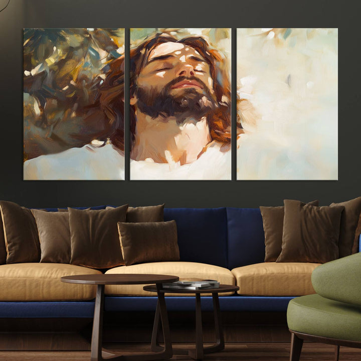 The Jesus Portrait Wall Art Canvas Print features a depiction of Jesus Christ with closed eyes, basking in sunlight. His expression exudes a peaceful, spiritual atmosphere against a blurred background.