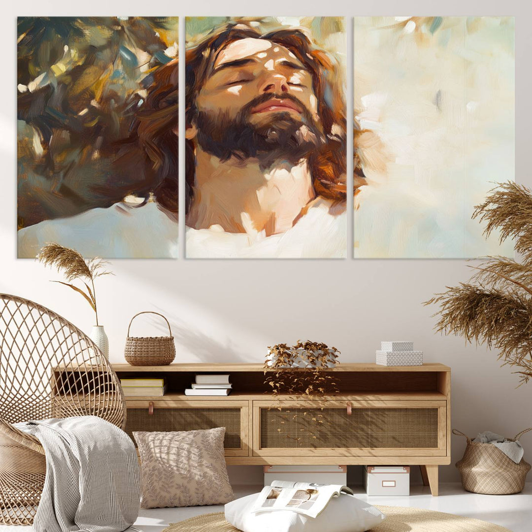 The Jesus Portrait Wall Art Canvas Print features a depiction of Jesus Christ with closed eyes, basking in sunlight. His expression exudes a peaceful, spiritual atmosphere against a blurred background.