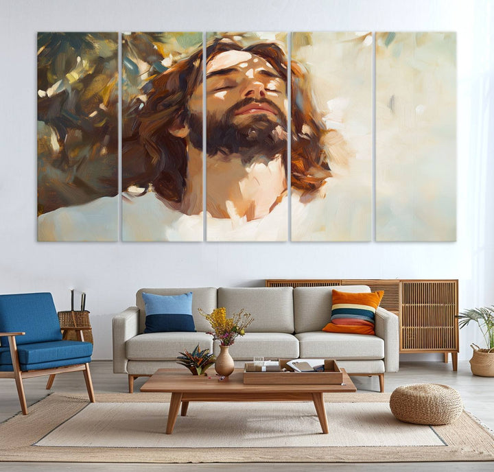 The Jesus Portrait Wall Art Canvas Print features a depiction of Jesus Christ with closed eyes, basking in sunlight. His expression exudes a peaceful, spiritual atmosphere against a blurred background.