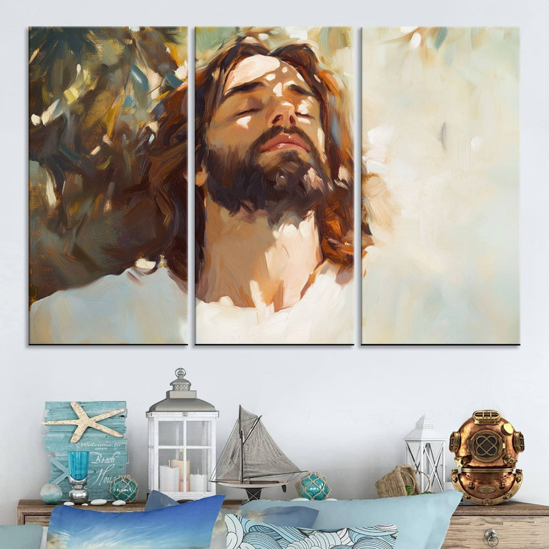 The Jesus Portrait Wall Art Canvas Print features a depiction of Jesus Christ with closed eyes, basking in sunlight. His expression exudes a peaceful, spiritual atmosphere against a blurred background.