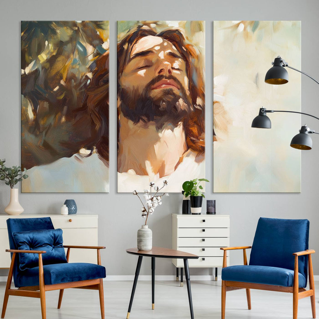 The Jesus Portrait Wall Art Canvas Print features a depiction of Jesus Christ with closed eyes, basking in sunlight. His expression exudes a peaceful, spiritual atmosphere against a blurred background.