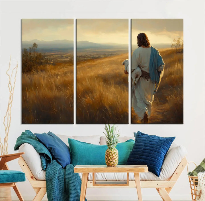 The "Jesus the Good Shepherd Wall Art Canvas Print" features an inspirational Christian religious design of a shepherd carrying a lamb, making it a beautiful piece of wall art.