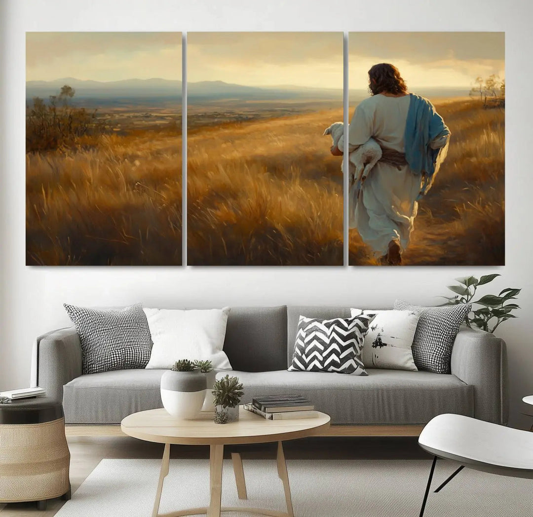 The "Jesus the Good Shepherd Wall Art Canvas Print" features an inspirational Christian religious design of a shepherd carrying a lamb, making it a beautiful piece of wall art.