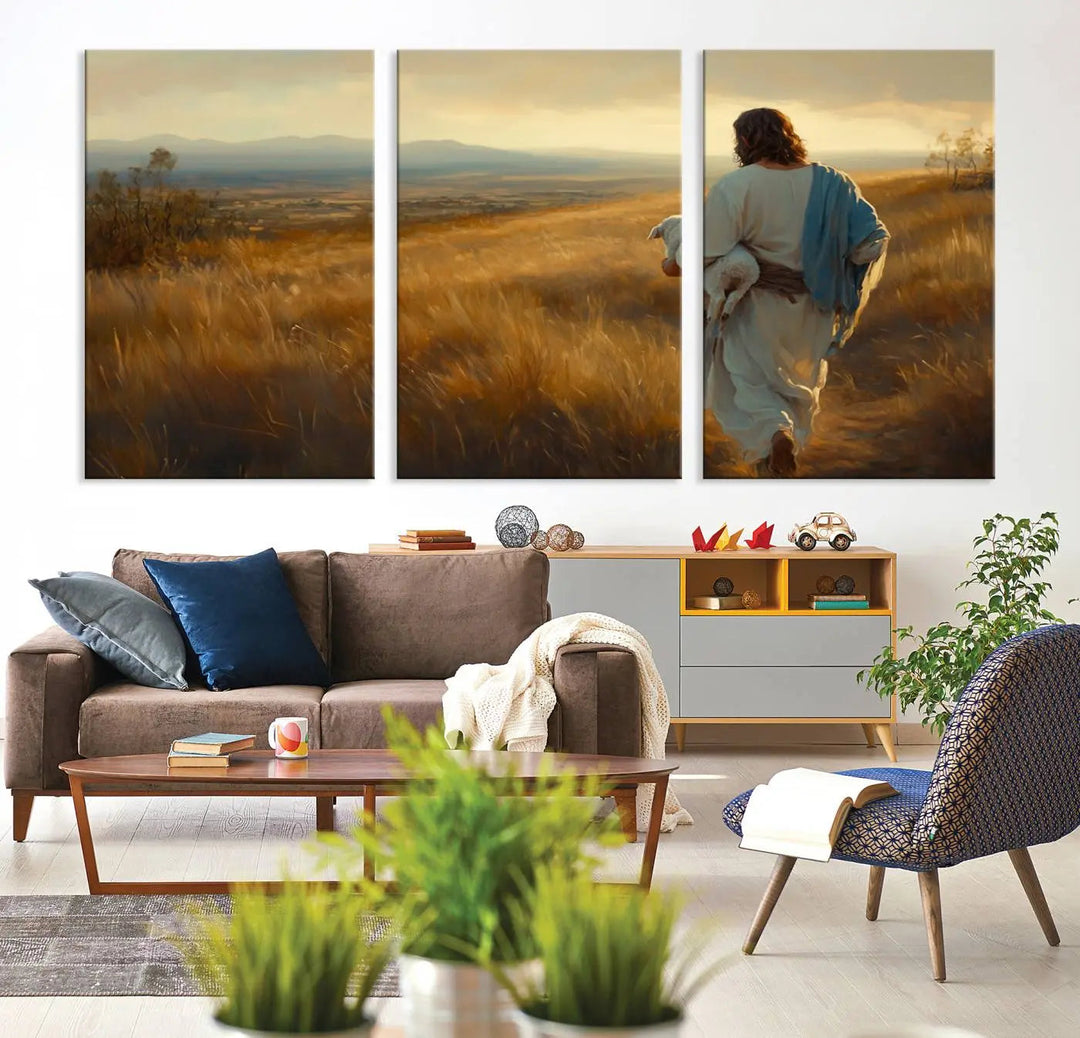 The "Jesus the Good Shepherd Wall Art Canvas Print" features an inspirational Christian religious design of a shepherd carrying a lamb, making it a beautiful piece of wall art.