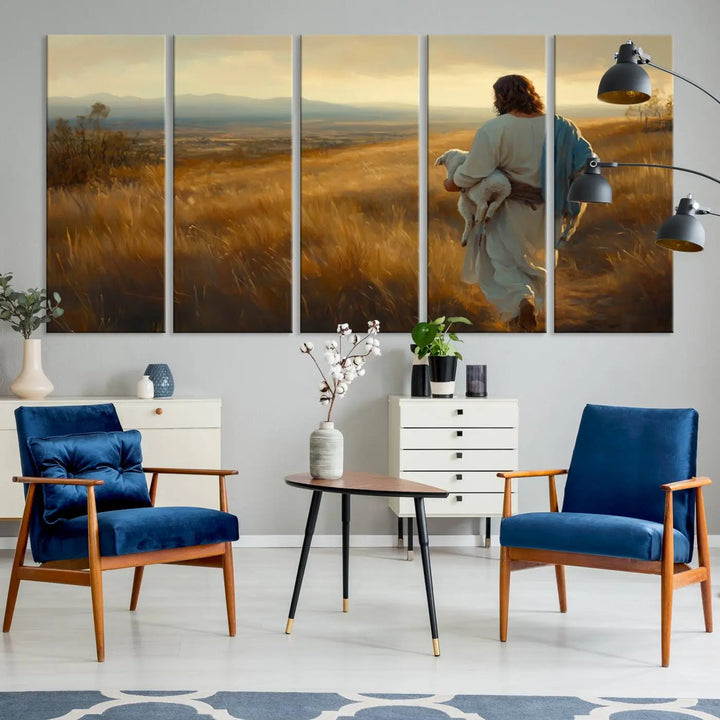 The "Jesus the Good Shepherd Wall Art Canvas Print" features an inspirational Christian religious design of a shepherd carrying a lamb, making it a beautiful piece of wall art.