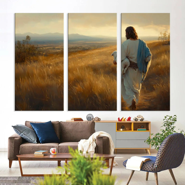 The "Jesus the Good Shepherd Wall Art Canvas Print" features an inspirational Christian religious design of a shepherd carrying a lamb, making it a beautiful piece of wall art.