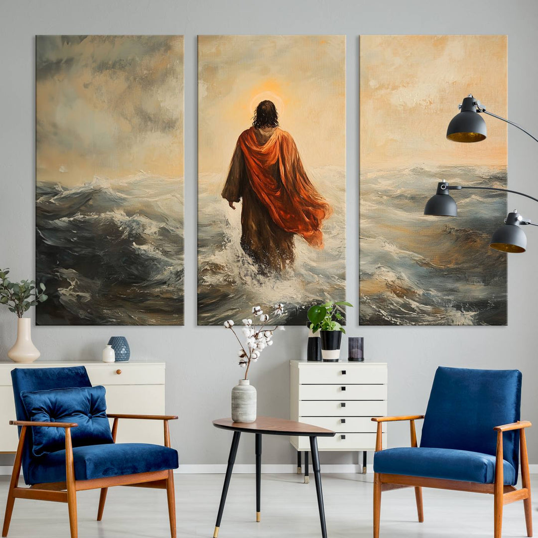 This triptych wall art, titled "Jesus Walking on Water," presents a figure in a red cloak crossing turbulent seas. It is perfect for those looking for religious home decor with a contemporary flair.