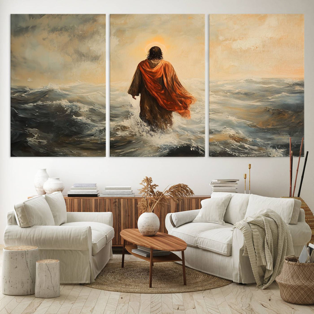 This triptych wall art, titled "Jesus Walking on Water," presents a figure in a red cloak crossing turbulent seas. It is perfect for those looking for religious home decor with a contemporary flair.