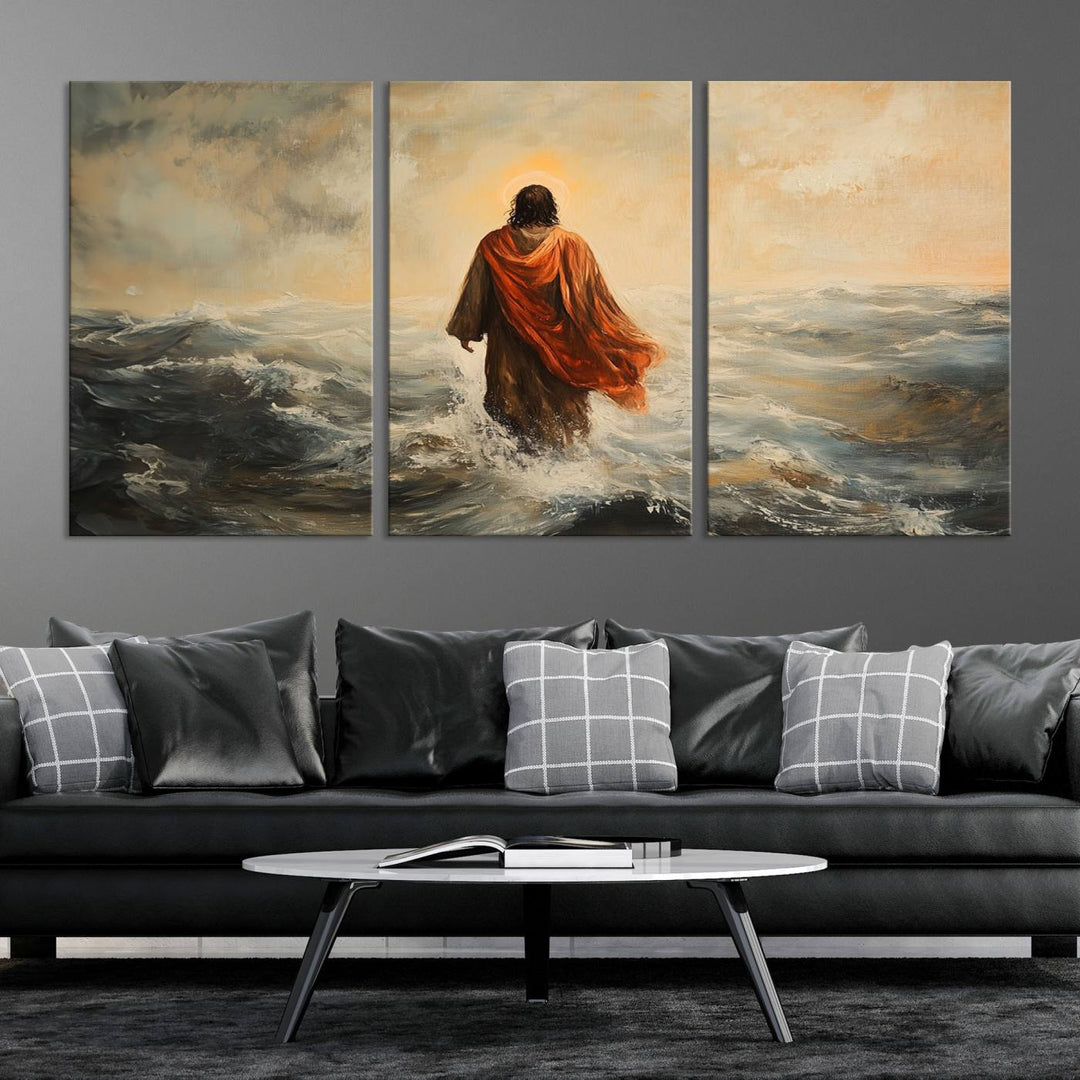 This triptych wall art, titled "Jesus Walking on Water," presents a figure in a red cloak crossing turbulent seas. It is perfect for those looking for religious home decor with a contemporary flair.