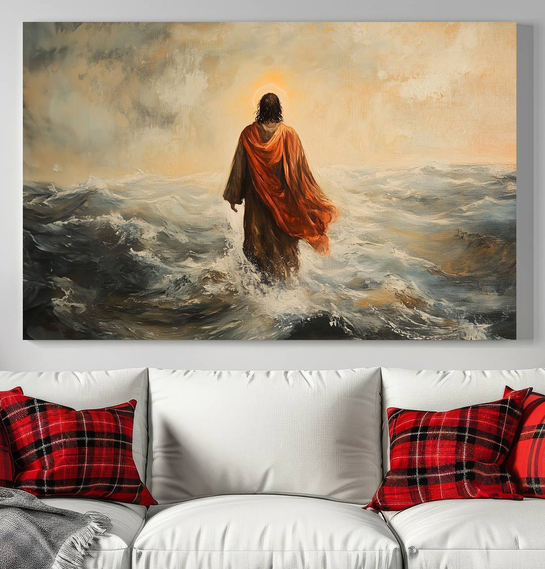 This triptych wall art, titled "Jesus Walking on Water," presents a figure in a red cloak crossing turbulent seas. It is perfect for those looking for religious home decor with a contemporary flair.