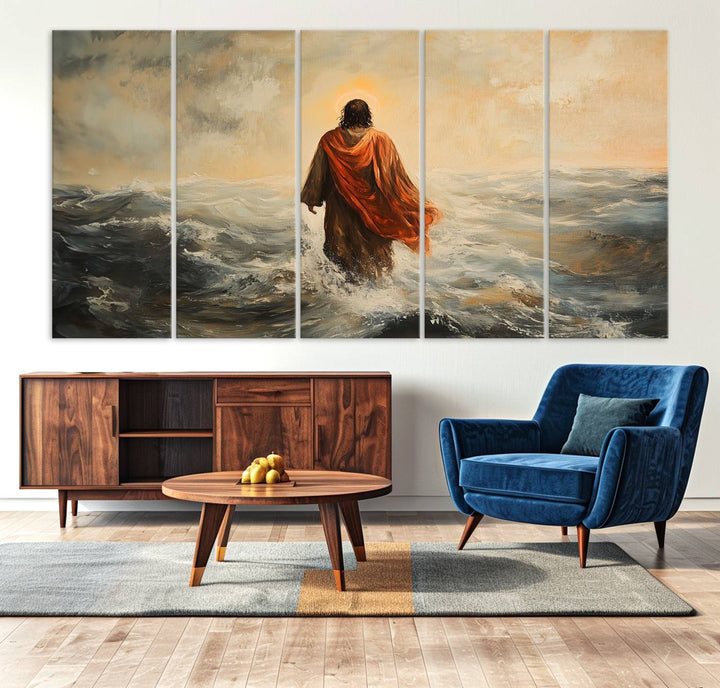 This triptych wall art, titled "Jesus Walking on Water," presents a figure in a red cloak crossing turbulent seas. It is perfect for those looking for religious home decor with a contemporary flair.