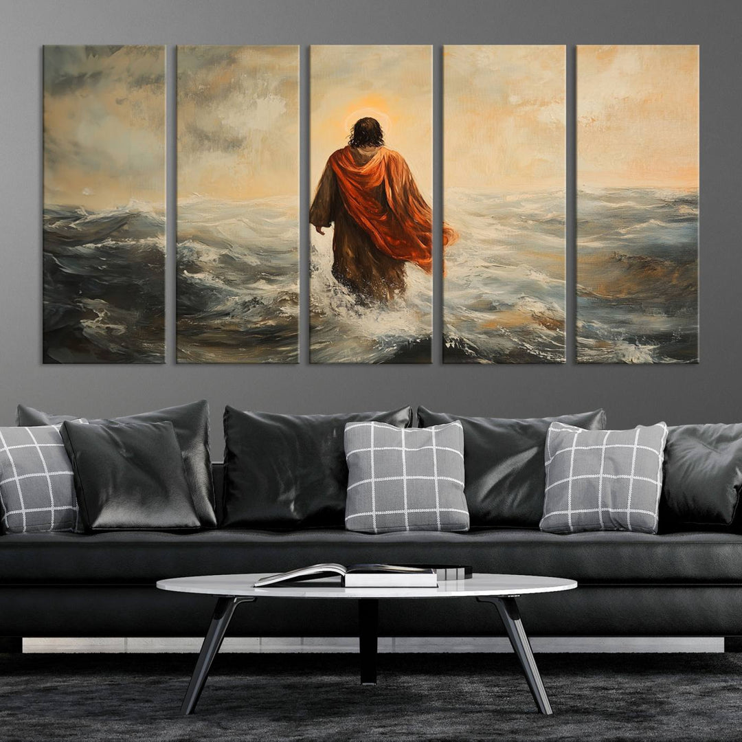 This triptych wall art, titled "Jesus Walking on Water," presents a figure in a red cloak crossing turbulent seas. It is perfect for those looking for religious home decor with a contemporary flair.