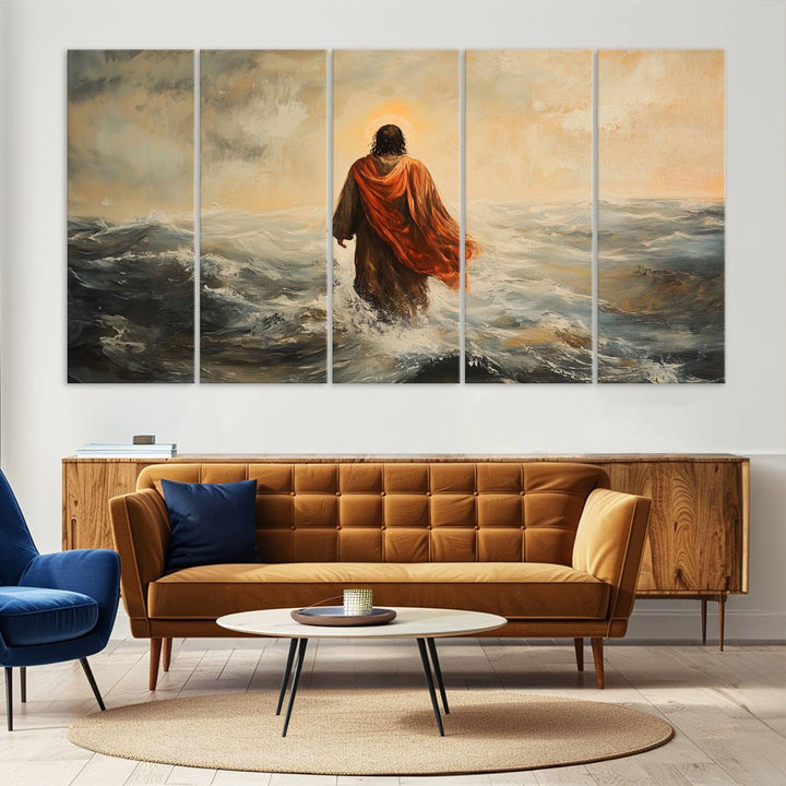 This triptych wall art, titled "Jesus Walking on Water," presents a figure in a red cloak crossing turbulent seas. It is perfect for those looking for religious home decor with a contemporary flair.