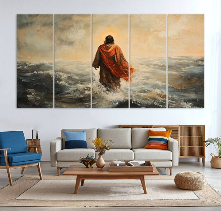 This triptych wall art, titled "Jesus Walking on Water," presents a figure in a red cloak crossing turbulent seas. It is perfect for those looking for religious home decor with a contemporary flair.