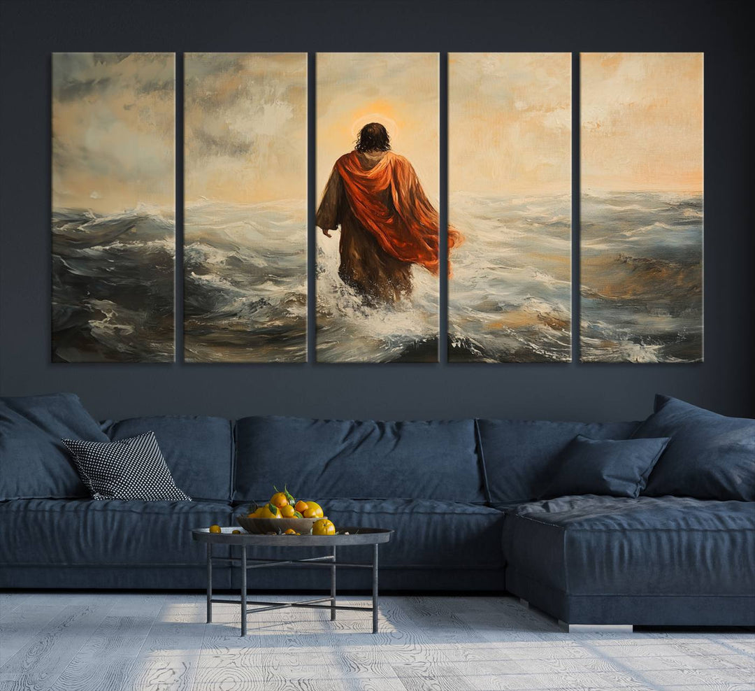 This triptych wall art, titled "Jesus Walking on Water," presents a figure in a red cloak crossing turbulent seas. It is perfect for those looking for religious home decor with a contemporary flair.