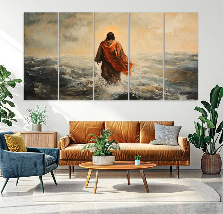 This triptych wall art, titled "Jesus Walking on Water," presents a figure in a red cloak crossing turbulent seas. It is perfect for those looking for religious home decor with a contemporary flair.