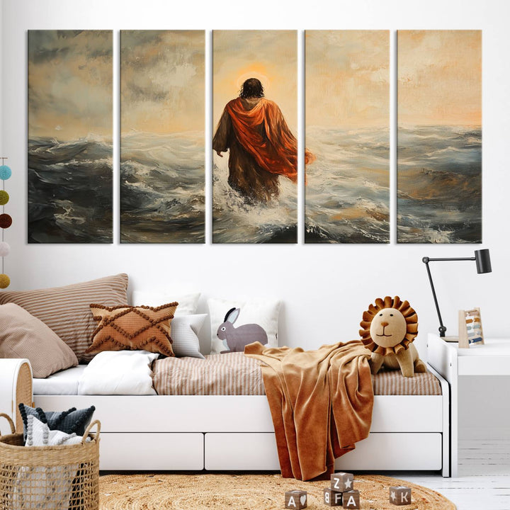 This triptych wall art, titled "Jesus Walking on Water," presents a figure in a red cloak crossing turbulent seas. It is perfect for those looking for religious home decor with a contemporary flair.