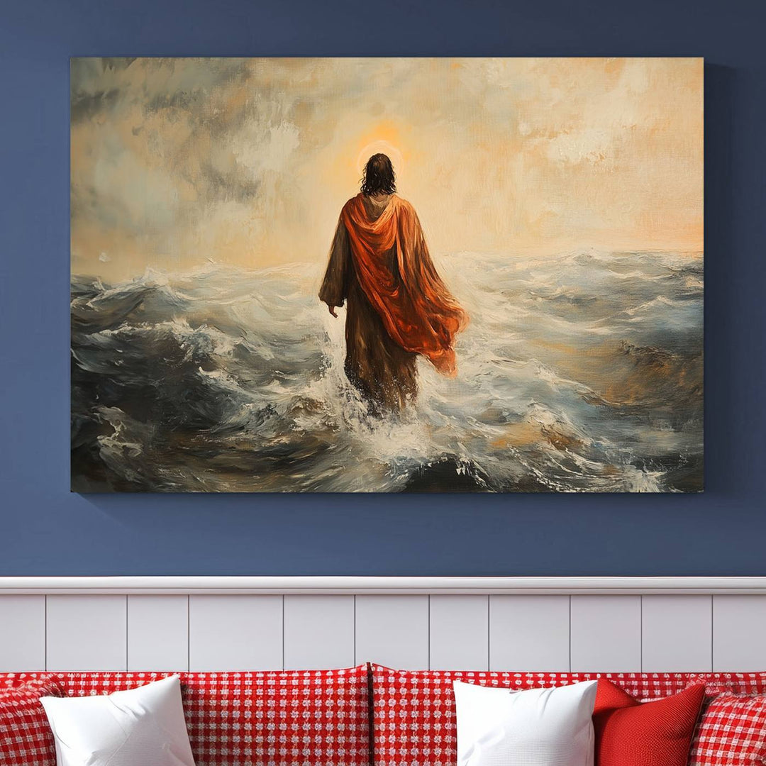 This triptych wall art, titled "Jesus Walking on Water," presents a figure in a red cloak crossing turbulent seas. It is perfect for those looking for religious home decor with a contemporary flair.