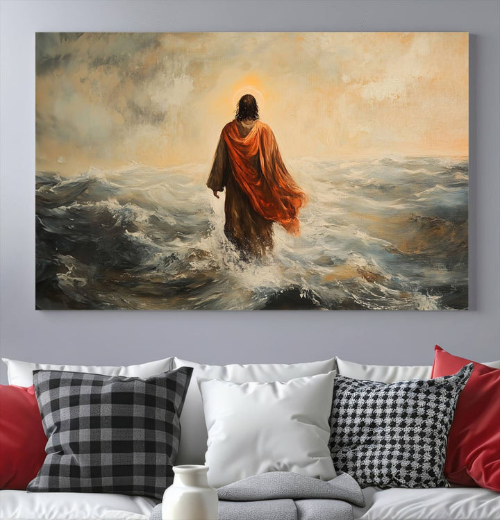 This triptych wall art, titled "Jesus Walking on Water," presents a figure in a red cloak crossing turbulent seas. It is perfect for those looking for religious home decor with a contemporary flair.