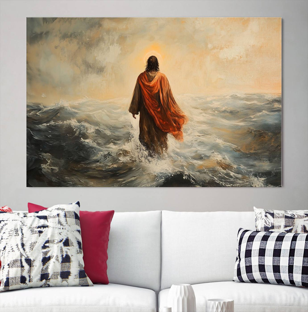 This triptych wall art, titled "Jesus Walking on Water," presents a figure in a red cloak crossing turbulent seas. It is perfect for those looking for religious home decor with a contemporary flair.