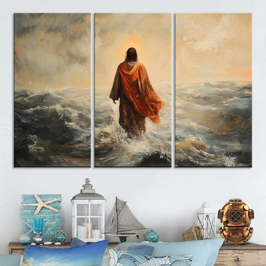 This triptych wall art, titled "Jesus Walking on Water," presents a figure in a red cloak crossing turbulent seas. It is perfect for those looking for religious home decor with a contemporary flair.