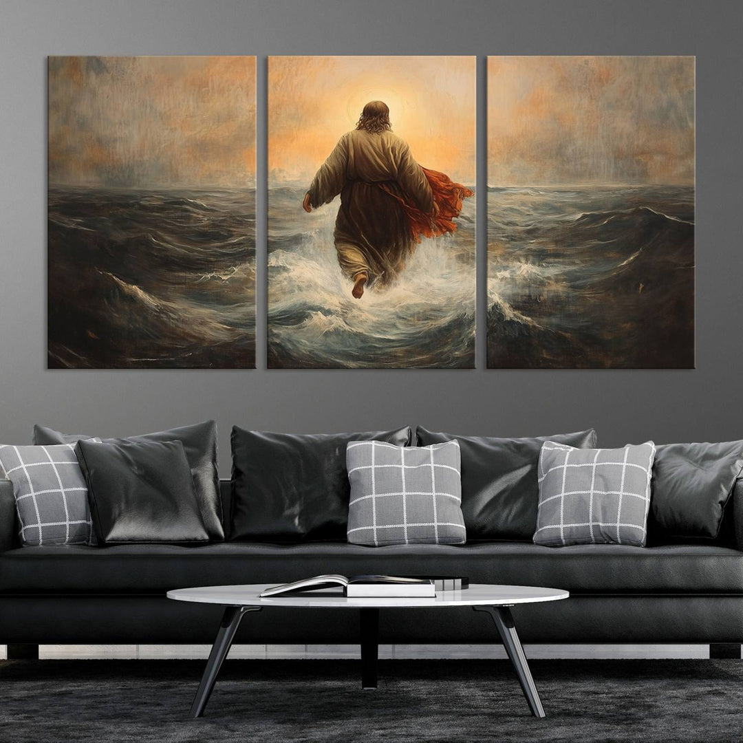 A wall art piece titled Jesus Walking on Water is prominently displayed above a modern living room sofa.