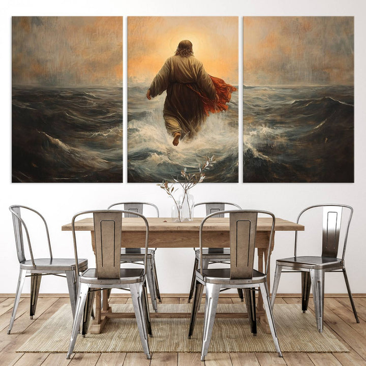 A wall art piece titled Jesus Walking on Water is prominently displayed above a modern living room sofa.