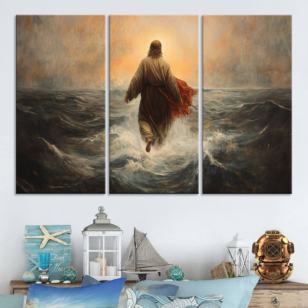 A wall art piece titled Jesus Walking on Water is prominently displayed above a modern living room sofa.