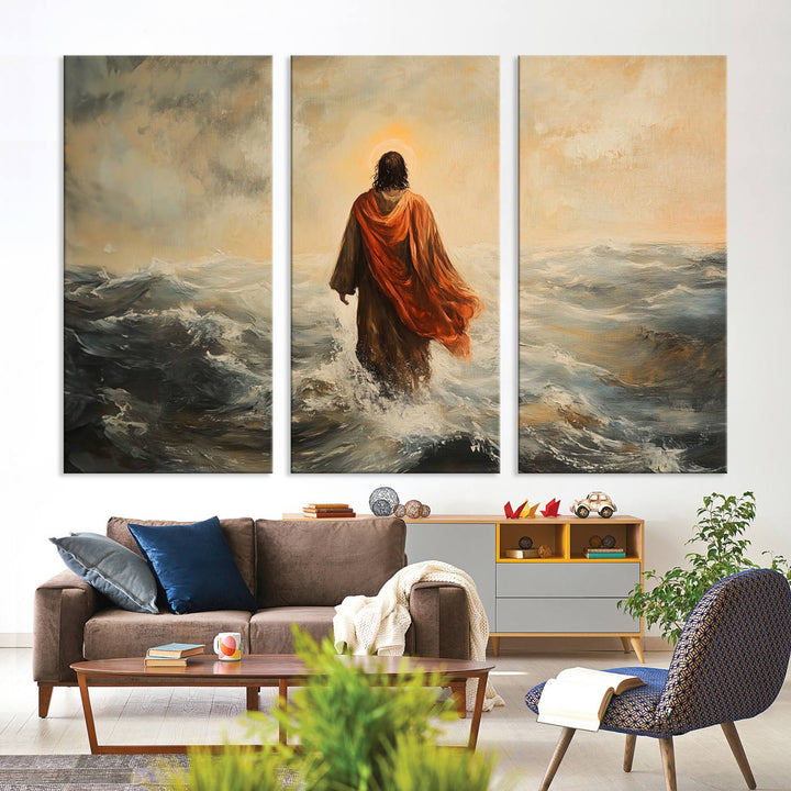 This triptych wall art, titled "Jesus Walking on Water," presents a figure in a red cloak crossing turbulent seas. It is perfect for those looking for religious home decor with a contemporary flair.