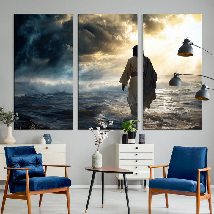 The "Jesus Walking on Water Wall Art" canvas print beautifully captures a person in a robe walking on a stormy sea under dramatic clouds, evoking the timeless imagery of Jesus Walking on Water.