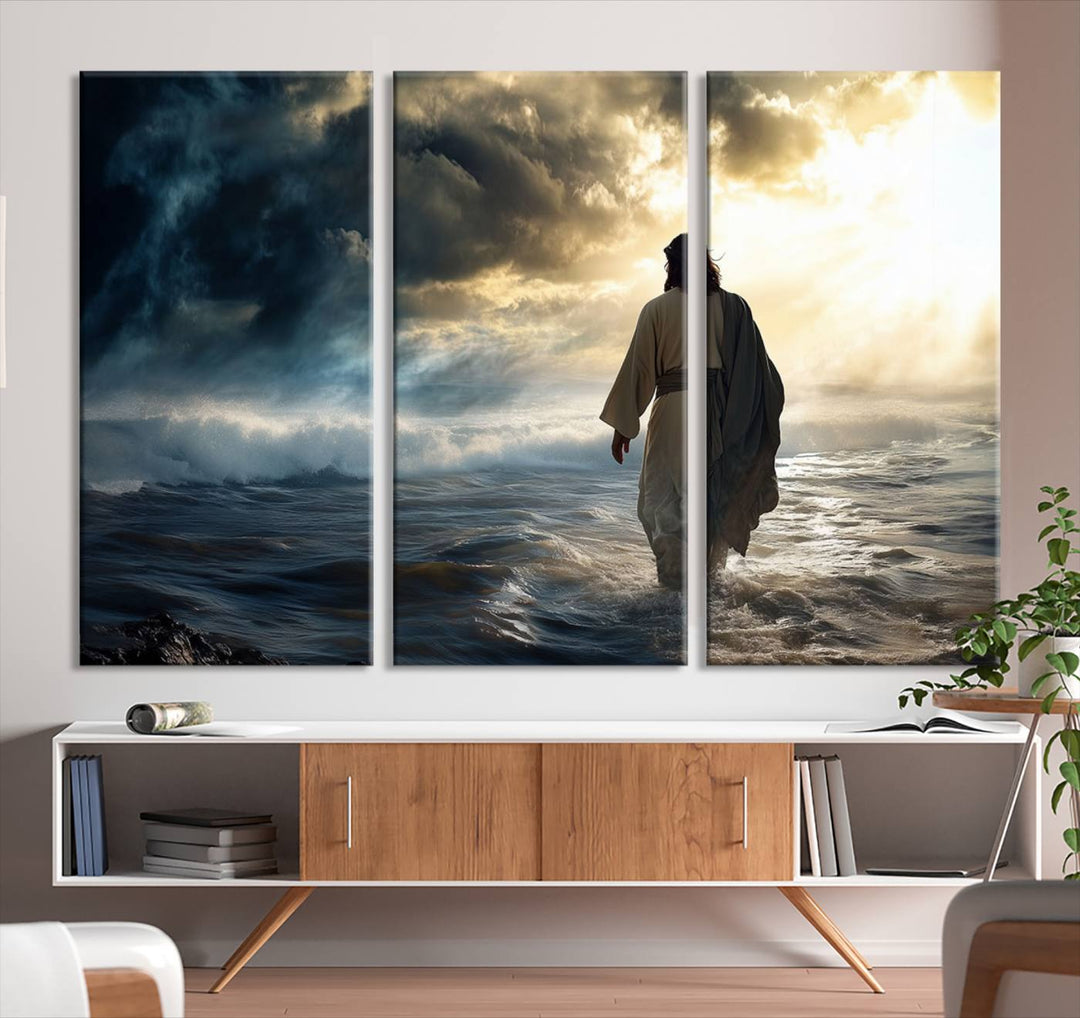 The "Jesus Walking on Water Wall Art" canvas print beautifully captures a person in a robe walking on a stormy sea under dramatic clouds, evoking the timeless imagery of Jesus Walking on Water.