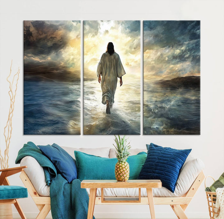 The Jesus Walking on Water Wall Art, a captivating triptych canvas print, showcases a person walking on water beneath dramatic clouds. This ready-to-hang piece seamlessly combines faith and style for your Christian home decor.