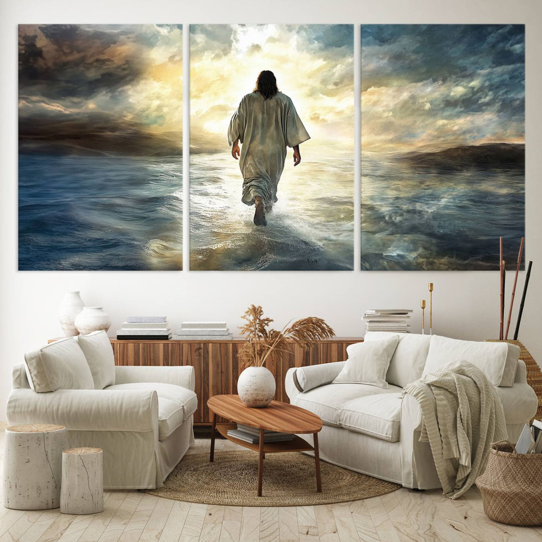 The Jesus Walking on Water Wall Art, a captivating triptych canvas print, showcases a person walking on water beneath dramatic clouds. This ready-to-hang piece seamlessly combines faith and style for your Christian home decor.