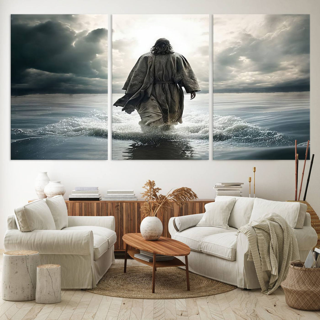 The Jesus Walking on Water Wall Art beautifully depicts a robed figure amidst clouds. This ready-to-hang canvas print enhances any space with its Christian motif, adding a touch of religious elegance and inspiration.