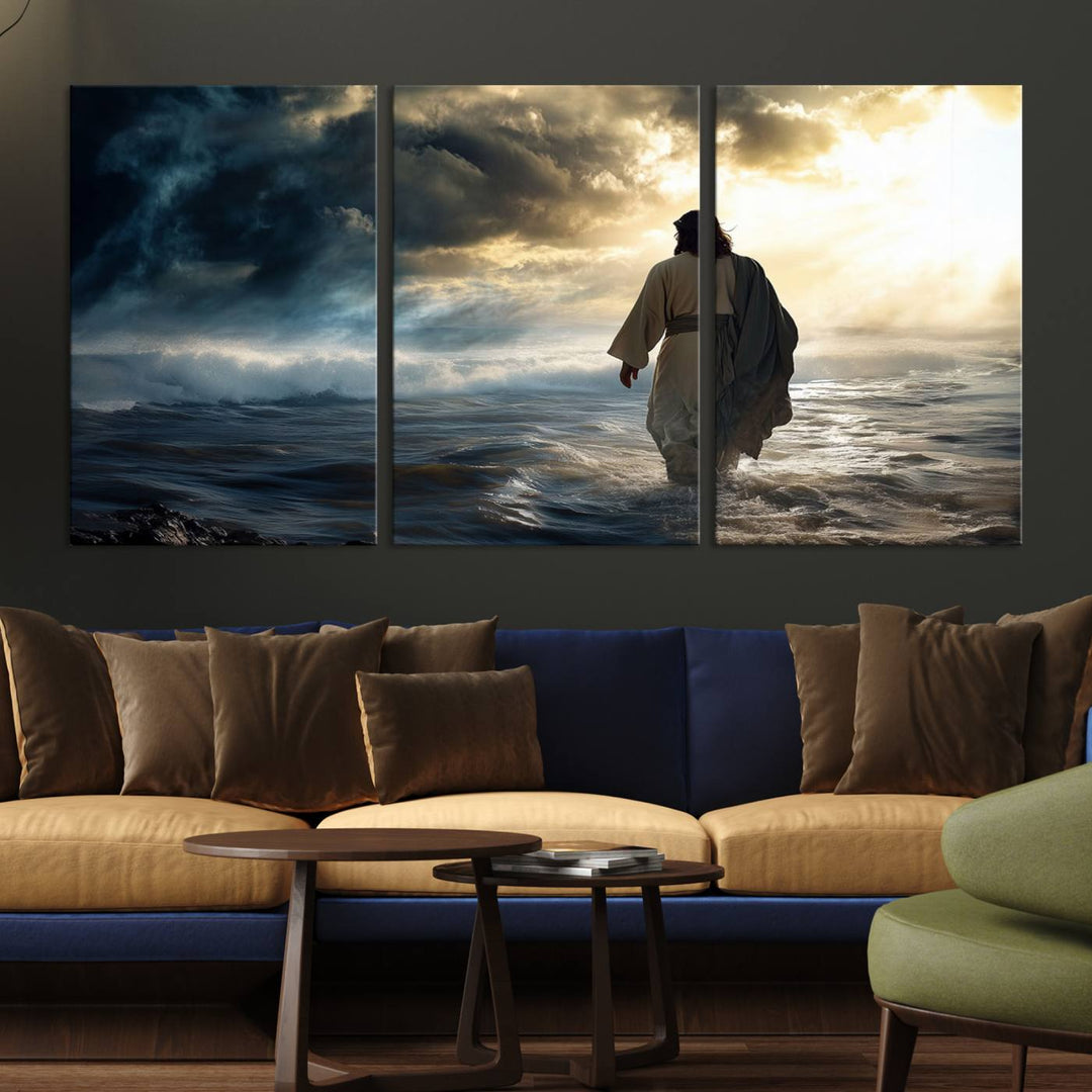 The "Jesus Walking on Water Wall Art" canvas print beautifully captures a person in a robe walking on a stormy sea under dramatic clouds, evoking the timeless imagery of Jesus Walking on Water.