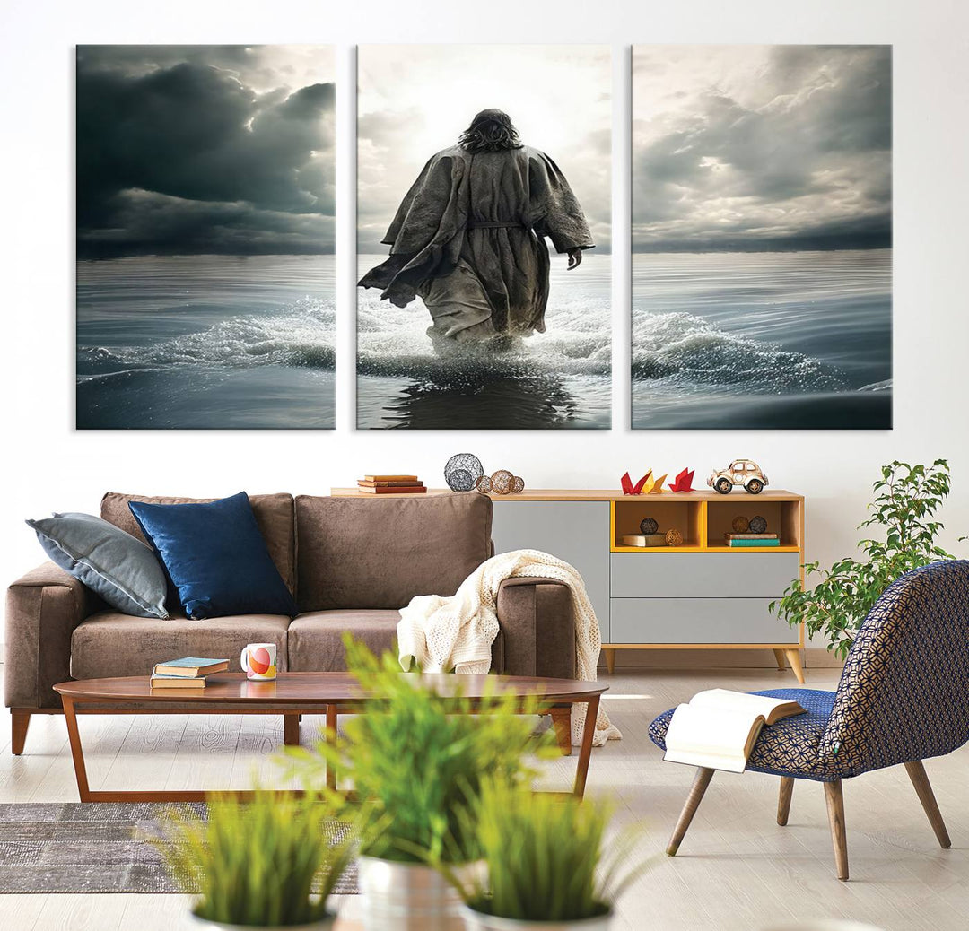 The Jesus Walking on Water Wall Art beautifully depicts a robed figure amidst clouds. This ready-to-hang canvas print enhances any space with its Christian motif, adding a touch of religious elegance and inspiration.