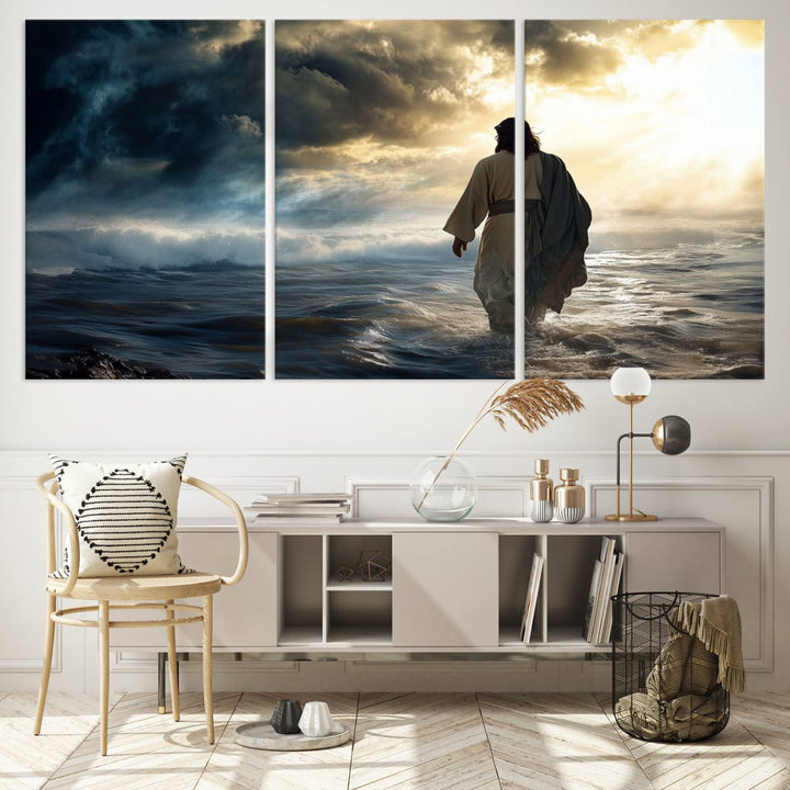 The "Jesus Walking on Water Wall Art" canvas print beautifully captures a person in a robe walking on a stormy sea under dramatic clouds, evoking the timeless imagery of Jesus Walking on Water.