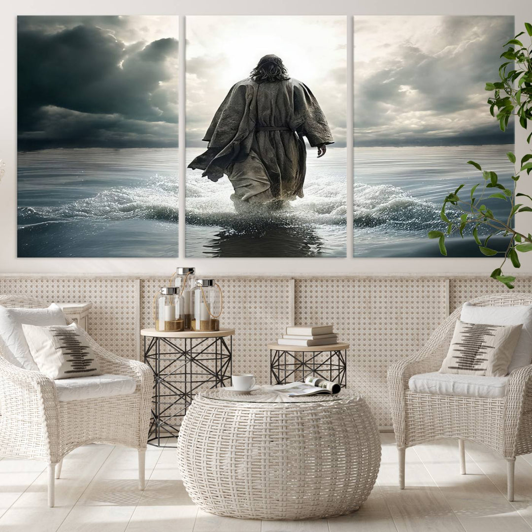 The Jesus Walking on Water Wall Art beautifully depicts a robed figure amidst clouds. This ready-to-hang canvas print enhances any space with its Christian motif, adding a touch of religious elegance and inspiration.