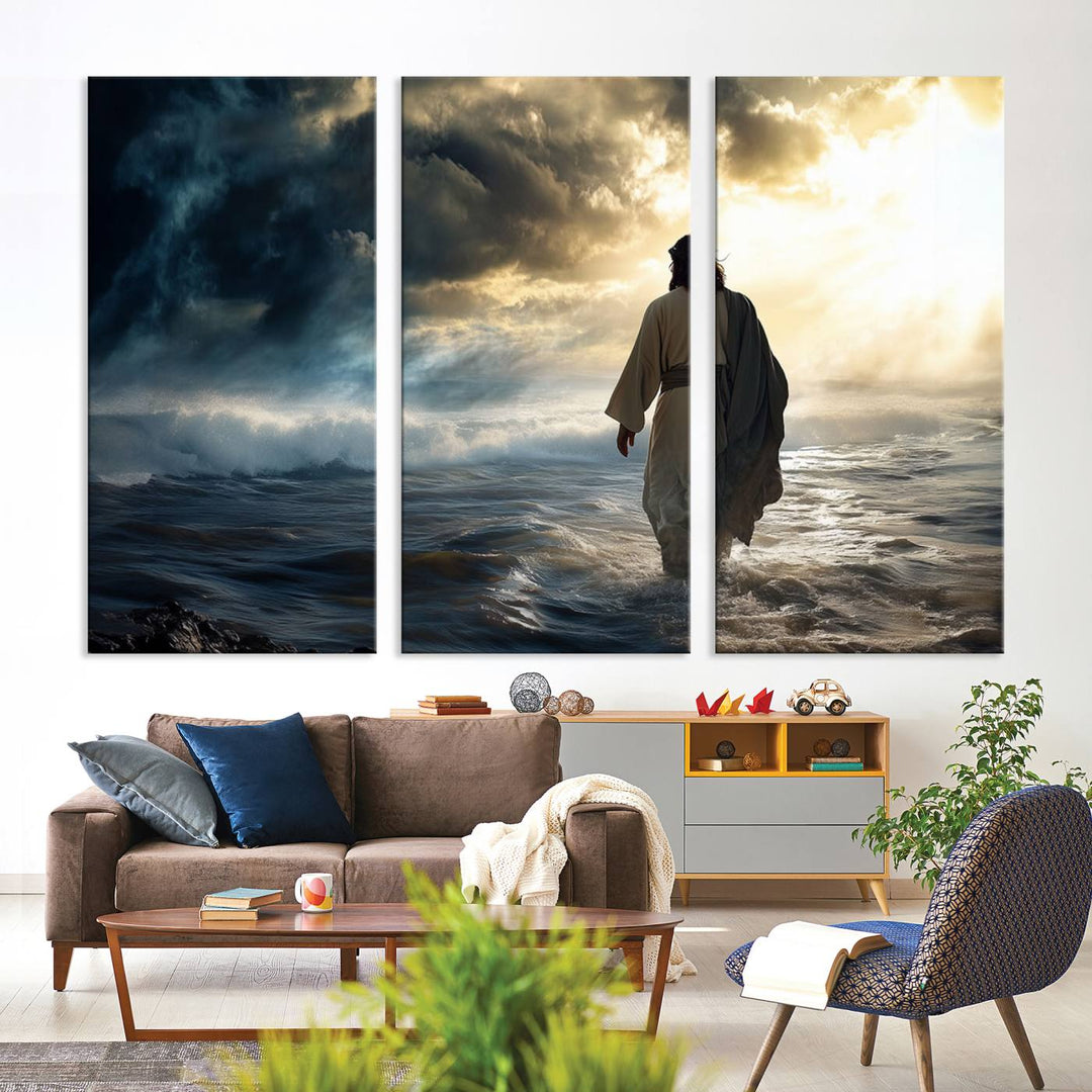 The "Jesus Walking on Water Wall Art" canvas print beautifully captures a person in a robe walking on a stormy sea under dramatic clouds, evoking the timeless imagery of Jesus Walking on Water.