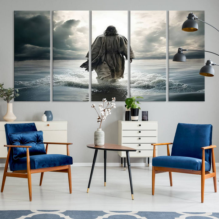 The Jesus Walking on Water Wall Art beautifully depicts a robed figure amidst clouds. This ready-to-hang canvas print enhances any space with its Christian motif, adding a touch of religious elegance and inspiration.