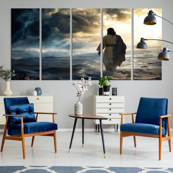 The "Jesus Walking on Water Wall Art" canvas print beautifully captures a person in a robe walking on a stormy sea under dramatic clouds, evoking the timeless imagery of Jesus Walking on Water.