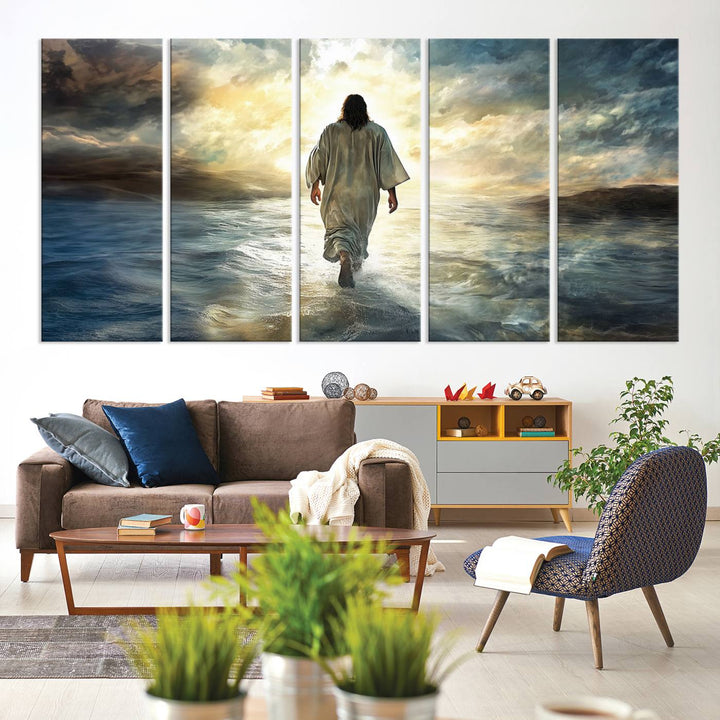 The Jesus Walking on Water Wall Art, a captivating triptych canvas print, showcases a person walking on water beneath dramatic clouds. This ready-to-hang piece seamlessly combines faith and style for your Christian home decor.