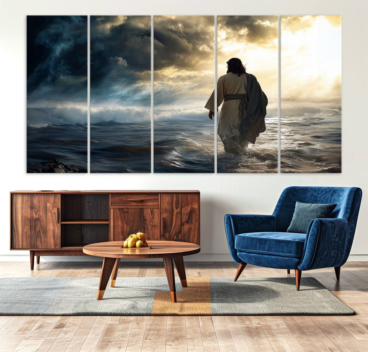 The "Jesus Walking on Water Wall Art" canvas print beautifully captures a person in a robe walking on a stormy sea under dramatic clouds, evoking the timeless imagery of Jesus Walking on Water.